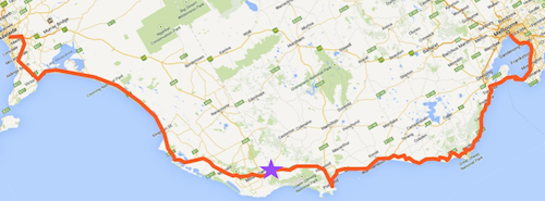 A map of the area between Adelaide and Melbourne has a red path on roads taken by the cyclists.