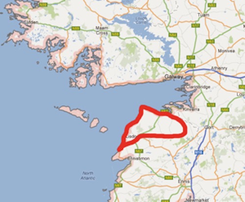 A map of the west coast of Ireland showing a circuit from Doolin, The Burren and Ballyvaughan.